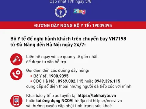 Bộ Y tế thông báo khẩn tìm hành khách chuyến bay VN7198 từ Đà Nẵng đến Hà Nội ngày 24/7